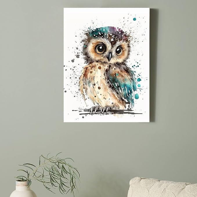 C8BUSIS Cute Owl Canvas Wall Art Watercolor Abstract Animal Prints Splash-ink Bird Pictures Modern Framed Artwork for Bedroom Living Room Kitchen Bathroom Office Farmhouse Wall Decor, 12"x16"