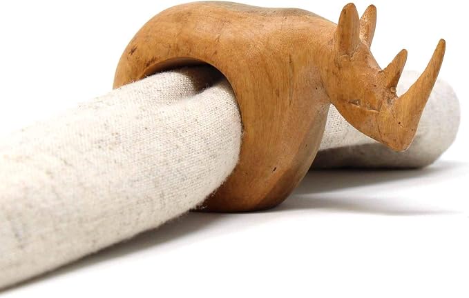 Global Crafts Handcarved Mahogany Wooden Napkin Ring Holders, Rhino, Set of 6 (KWF012_R)
