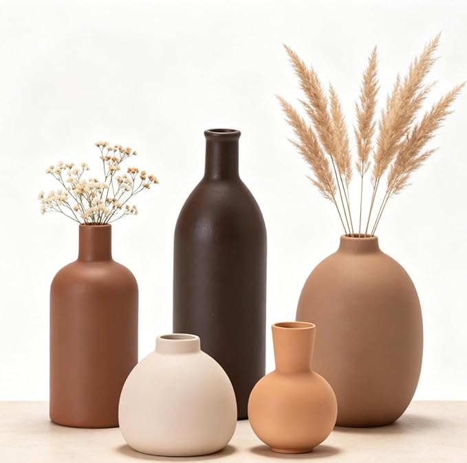 Modern Small Ceramic Vase Set of 5 | Neutral colors, decorative farmhouse vase decor, for shelf entryway table living room