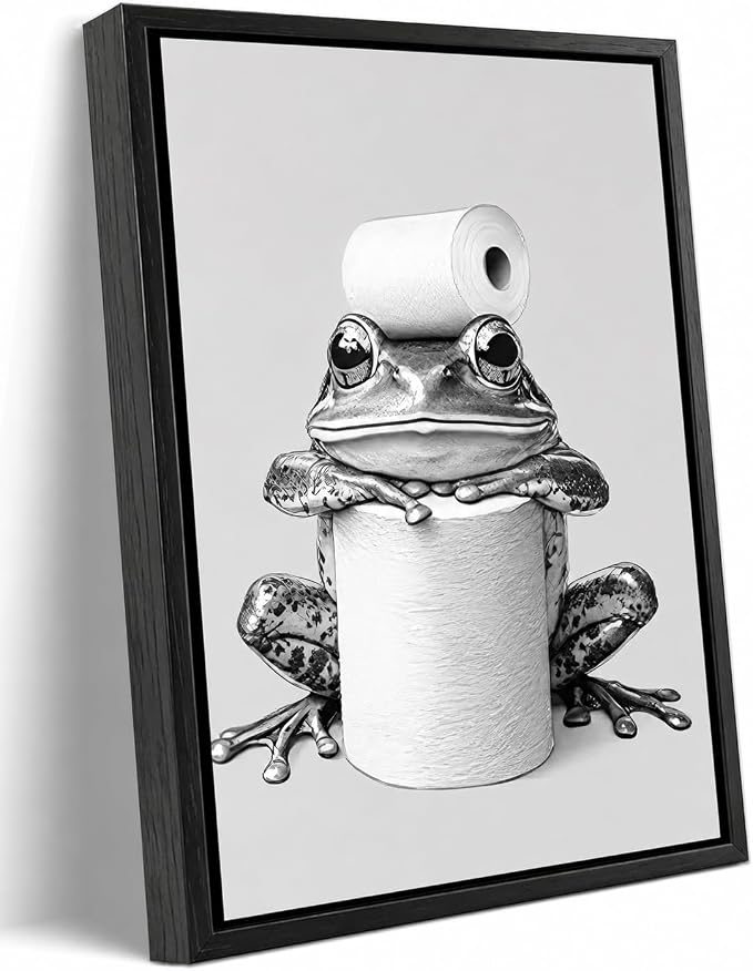 Framed Funny Bathroom Wall Art, Frog Toilet Paper Canvas Print, Minimalist Black and White Humor Bathroom Animal Decor for Restroom Toilet 12x16in