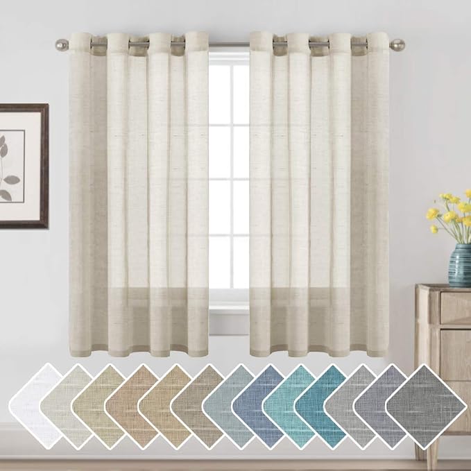 H.VERSAILTEX Linen Curtains Flax Linen Blended Curtain Panels for Living Room/Bedroom Semi Sheer Privacy Curtains 63 inch Length 2 Panels Set Nickel Grommet Window Drapes, Natural