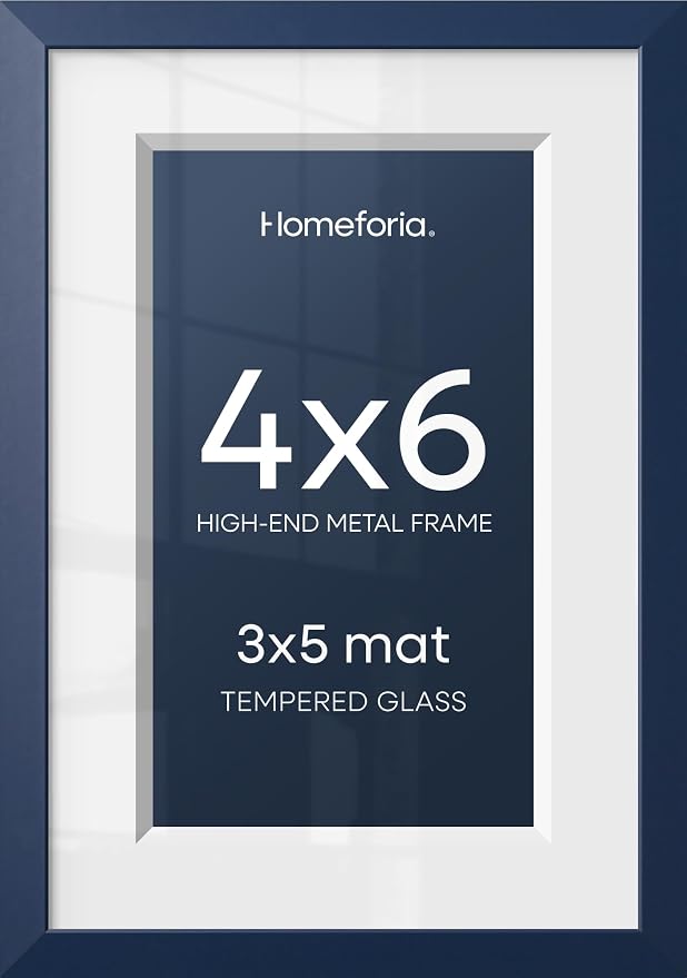 Homeforia 4x6 Blue Picture Frame, High-End Metal, 3x5 Mat, Glass