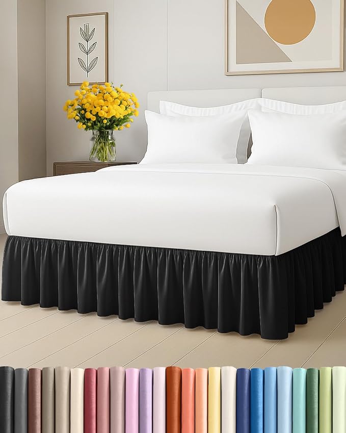 Bedskirt Queen Size Ruffle - Ruffled Bed Skirt - 12 Inch Drop - Black | Bedskirt with Platform, Ultra-Soft Premium Hotel Quality, Wrinkle Free, Fade & Shrink Resistant, for Women, Men, Kids & Teens
