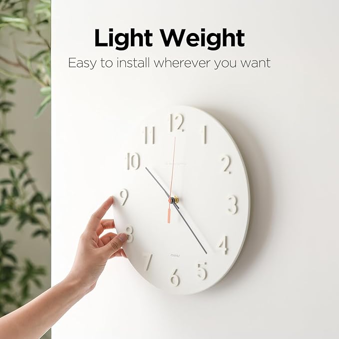 mooas 3D Numbers Modern Wall Clock, 12" Battery Operated, Analog (Silver) | Silent Non-Ticking Sweep Movement, Decorative, Home Decor Living Room Kitchen Bedroom Office Living Room Hotel