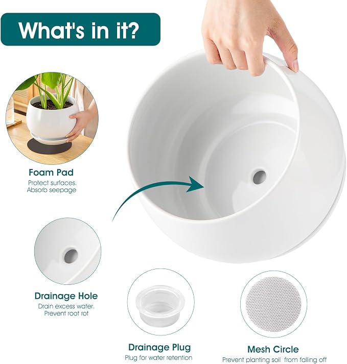 vancasso 3-Pack Ceramic Plant Pots, 7.3/9.6/11.6 Inch Indoor Planters with Saucers & Drainage Hole Planter pots for Indoor Plants and Flower, White