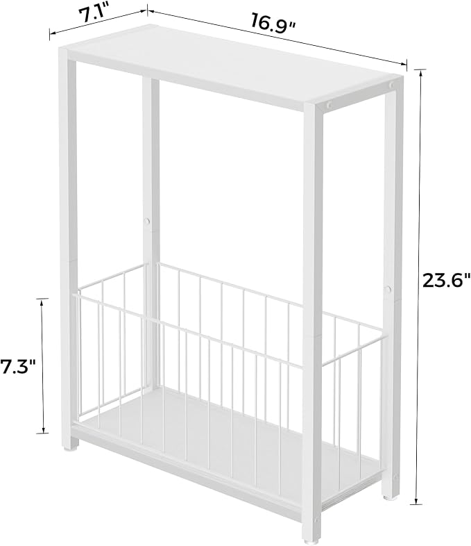 Homleke Narrow Side Tables Set of 2 with Magazine Holder, Skinny End Tables | Space-Saving Design, Small Spaces, Storage Shelf, Metal Frame, Easy Assembly, 7.1" D x 16.9" W x 23.6" H, White