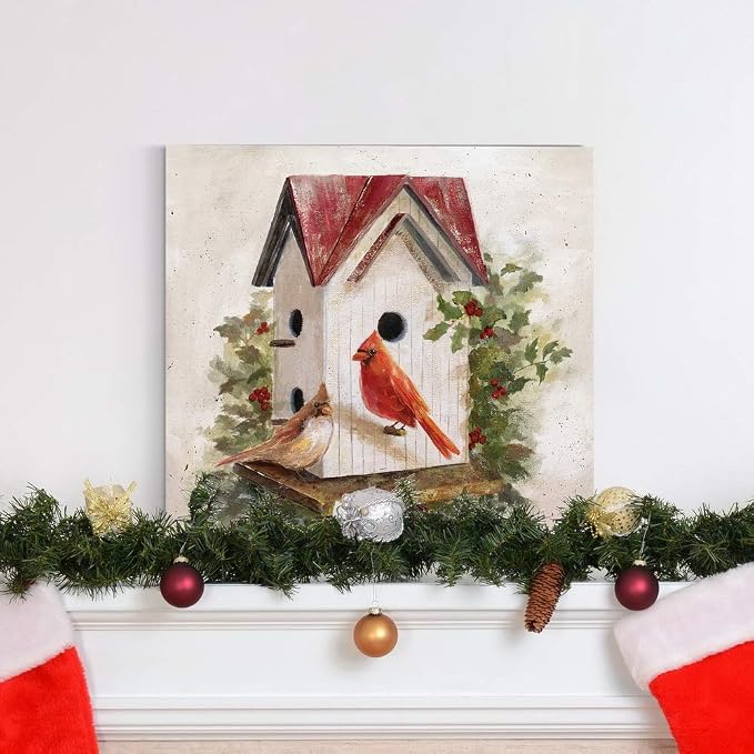 Renditions Gallery Christmas Abstract Wall Art Holly Red Cardinal Birdhouse Canvas Hanging Artwork Prints for Bedroom Living Room & Kitchen Decorations - 10"X10" LT05
