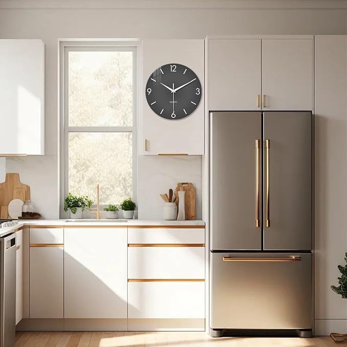 XFM Modern Grey Wall Clock 12 Inch Simple Minimalist | Battery Operated Gray Glass Quartz Clock Decorative for Bedroom Kitchen Living Room Home Office Silent Non Ticking