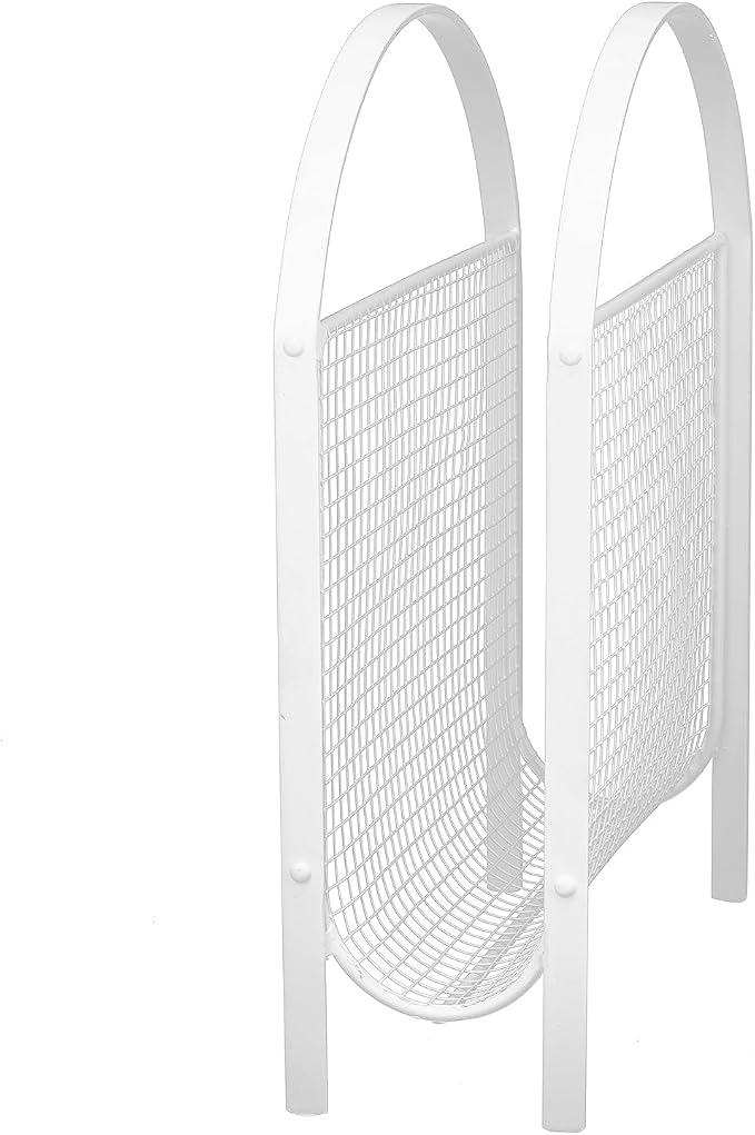 MyGift White Metal Mesh Magazine Rack, Mid Century Freestanding Holder | Sling-style storage keeps newspapers and reading materials contained while the open mesh design makes contents easy to see