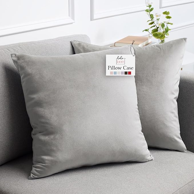 lalaLOOM Velvet Throw Pillow Covers, Set of 2, 20x20 Light Gray