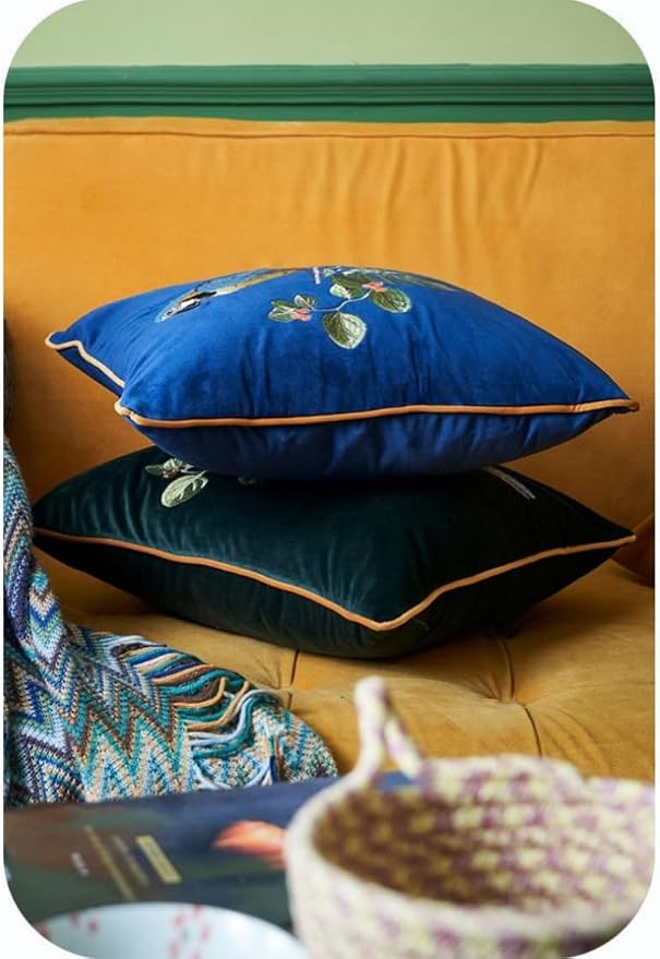 Luxury Embroidery Parrot Throw Pillowcase Gold Embroidered Velvet Cloth Cushion Cover Decorative Animal Bird Print Parrot Pillows Case for Preppy Stuff Room 1PCS (Color-2)