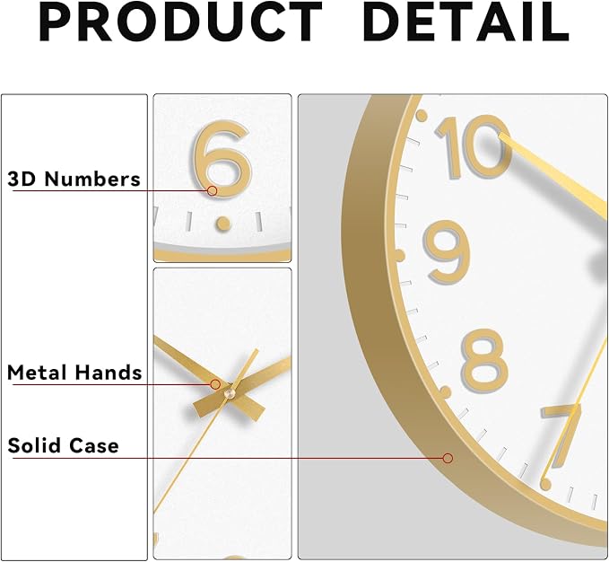 Roymnie 8 Inch Wall Clock, Battery Operated Silent Non Ticking Analog | White Gold modern analog; large 3D easy-read dial for kitchen, office, bathroom & bedroom; 1 AA battery (not included)