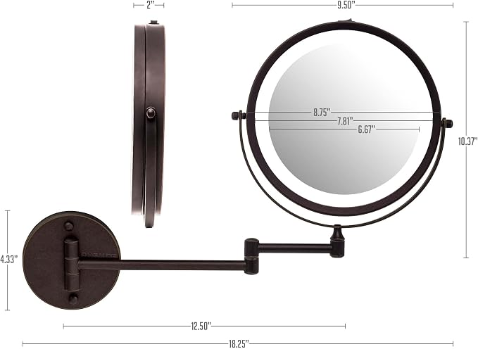 OVENTE 9" Wall Mounted Lighted Makeup Mirror, Antique Bronze MFW85ABZ1X7X | Cordless Double Sided 1X/7X Magnifying Mirror for Bathroom with LED Lights, 360° Rotation, Extendable Arm, Battery Operated