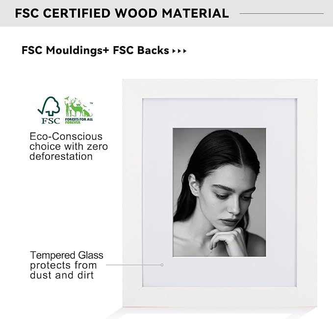 Boarding 8x10 Picture Frame-White,5x7 Mat,Tempered Glass,Engineered Wood