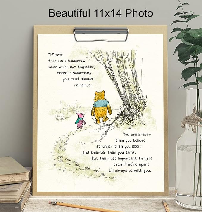 Winnie Pooh Wall Art - Kids Wall Art - Boys Room, Baby Nursery Decor - Girls Bedroom Print - Wall Decor for Toddlers - Always Remember You Are Braver Than You Believe - A. A. Milne Poster 11x14 Gift