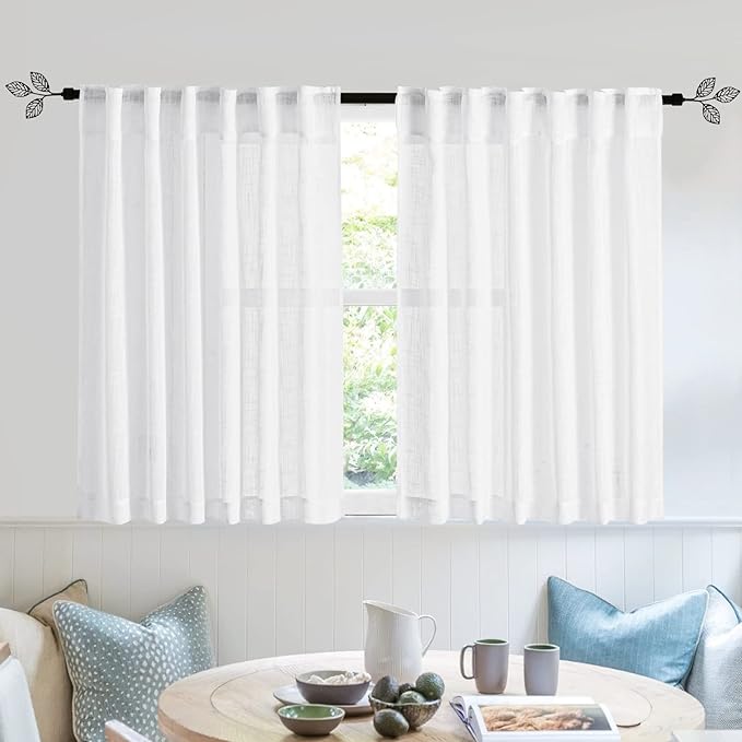 RYB HOME Linen Semi Sheer Kitchen Curtains Over Sink 36 inches Length | Light Filtering, Half Privacy, Breathable Airy, Short Tiers for Cafe Bathroom RV Camper, W52 x L36, White, 2 Panels