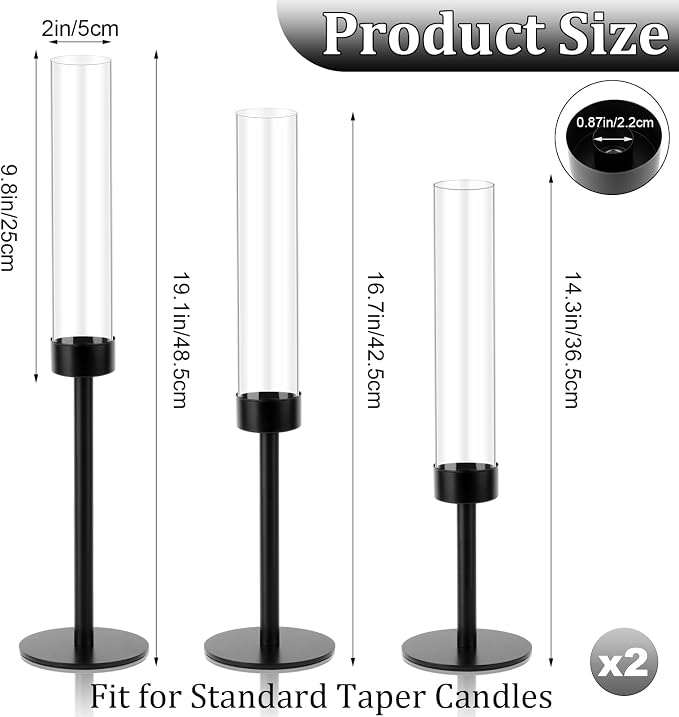 Black Hurricane Candle Holders, Set of 6 Glass Taper Candlestick Holders Metal Candle Stands Bulk with Glass Cover for Dining Tables Wedding Candelabra Centerpieces Decor