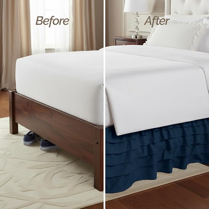 Elegant Comfort Luxurious Premium Quality 1500 Thread Count Wrinkle and Fade Resistant Egyptian Quality Microfiber Multi-Ruffle Bed Skirt - 15inch Drop, Full, Navy Blue