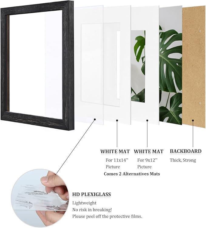 Egofine 12x16 Picture Frames Set of 4, Made of Solid Wood Covered by Plexiglass 9x12 and 11x14 with Mat or 12x16 without Mat, for Wall Mounting Photo Frame, Driftwood Black