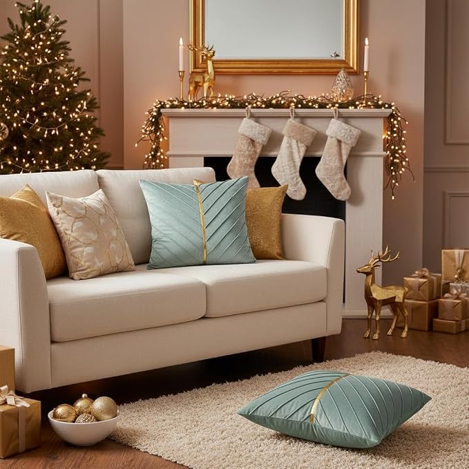 Velvet Throw Pillow Covers 26x26 Pack of 2 Gold Decor Mint Green