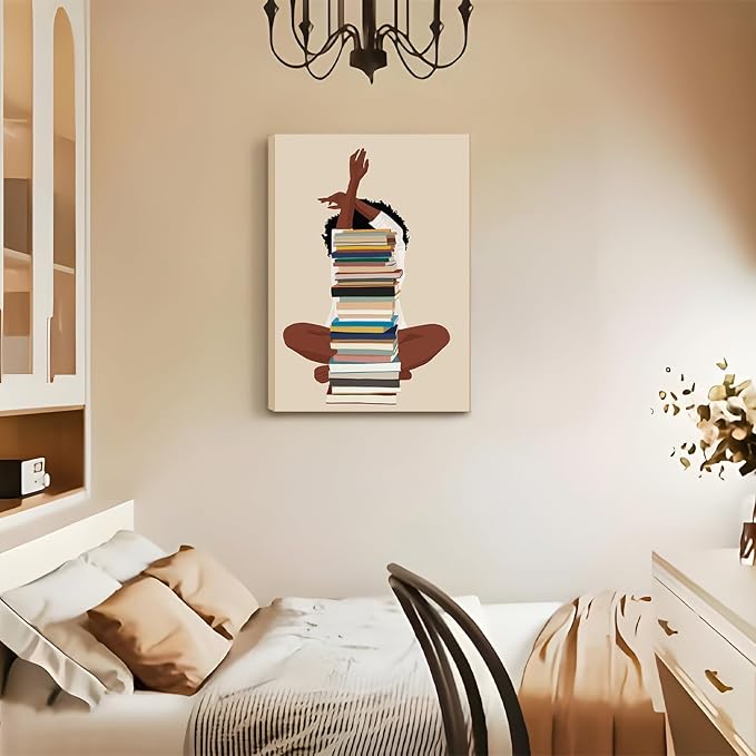 AKWISH Black Girl Canvas Wall Art - African American Wall Decor, Modern Black Woman with Book Art for Bedroom Living Room - Framed 12x16 inch