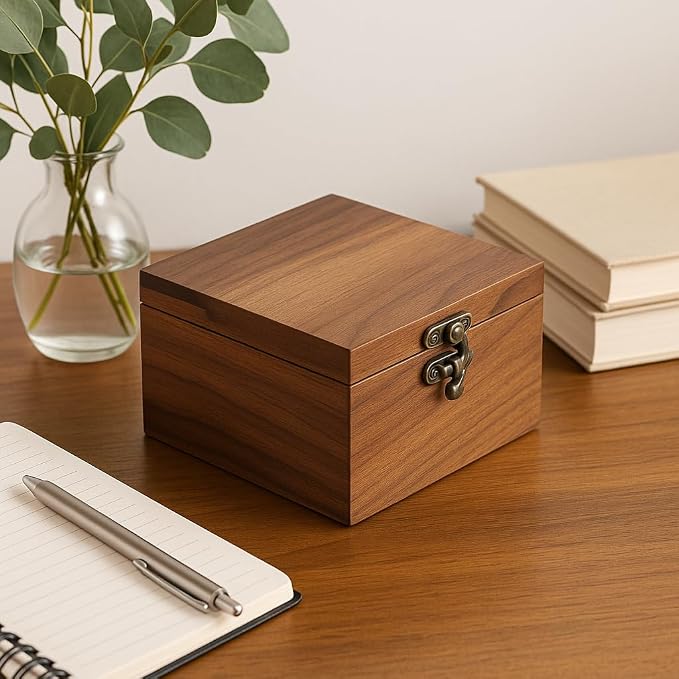 Handcrafted Walnut Wood Keepsake Box – 4.3 x 4.3 x 2.5 inch – Jewelry, Watch & Gift Storage Box – Rustic Wooden Box for Wedding, Birthday, Christmas