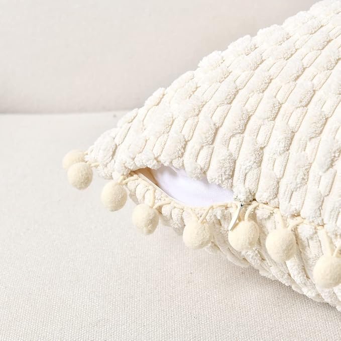 Fancy Homi Set of 2 Cream Decorative Throw Pillow Covers 24x24 Inch with Pom-poms for Couch Bed Sofa, Modern Farmhouse Boho Home Decor, Soft Plush Corduroy Cute Cushion Case 60x60cm