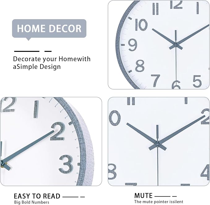 Wall Clocks Battery Operated 10 inch Modern Wall Clock,Silent Non Ticking Wall Clock for Living Room Bedroom Kitchen Office Classroom Decor (Texture Gray White)