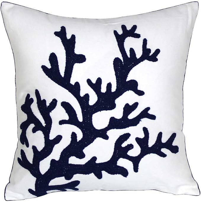 Embroidered Nautical Decor Pillow Cover,Square 18 Inches Decorative Canvas Pillow Cover for Nautical Style Deco by (Navy-Coral)