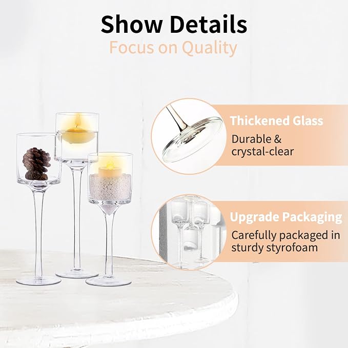 NUPTIO Glass Candle Holders, Set of 3 Stemmed Holders for Floating Candles