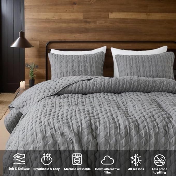 WDCOZY Dark Grey Quilt King Size Bedding Sets with 2 Pillow Shams, Lightweight Soft Bedspread Coverlet, Quilted Blanket Thin Comforter Bed Cover, All Season Spring Summer, 3 Pieces, 104x90 inches