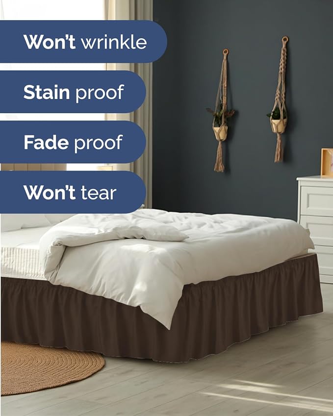 Wrap Around Dust Ruffle Bed Skirt - Brown - for Full Size Beds w/ 9 Inch Drop - Easy Fit Elastic Strap - Adjustable Pleated Bedskirt w/Brushed Fabric - Wrinkle & Fade Free - Women, Men, Kids & Teens