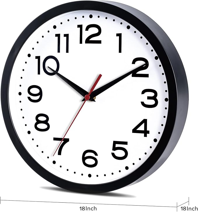 Roymnie 18 Inch Wall Clock, Battery Operated Silent Non Ticking Black | analog wall clock; bold numerals for easy reading; silent non-ticking; 1 AA battery (not included); for classroom