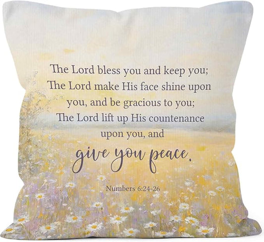 Floral Christian Bible Verse the Lord Bless You Throw Pillow Covers 18x18, Flower Wildflower Scripture Numbers Decor Pillow Cases for Bedroom Living Room Decorative Pillowcase