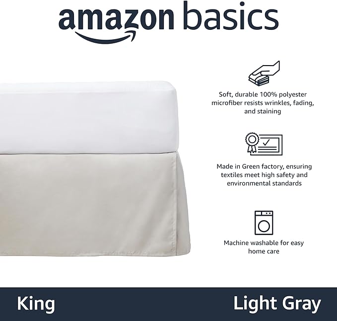 Amazon Basics Lightweight Pleated King Size Bed Skirt, Wrinkle and Fade Resistant, Machine Washable, Dust Ruffle, Light Grey, 16-inch Drop (Pack of 8)