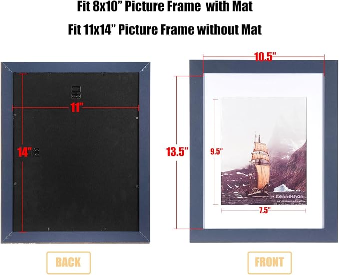 ennethan 11x14 Picture Frame Navy Blue 2 Pcs in 1 set Wooden Frame can Display 8x10 Picture with Mat for home decoration,holiday gift