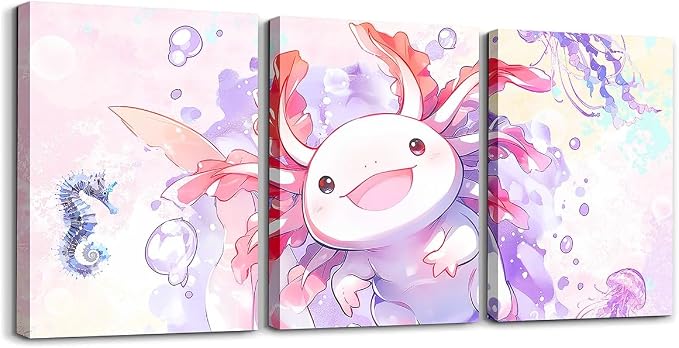 Feelyou Boys Girls Cute Axolotl Wall Painting Posters and Prints Ocean Sealife Picture Wall Decor for Cartoon Salamander Canvas Wall Art for Living Room Bedroom Kids Kawaii Wall Art 12"x16"x 3Pcs