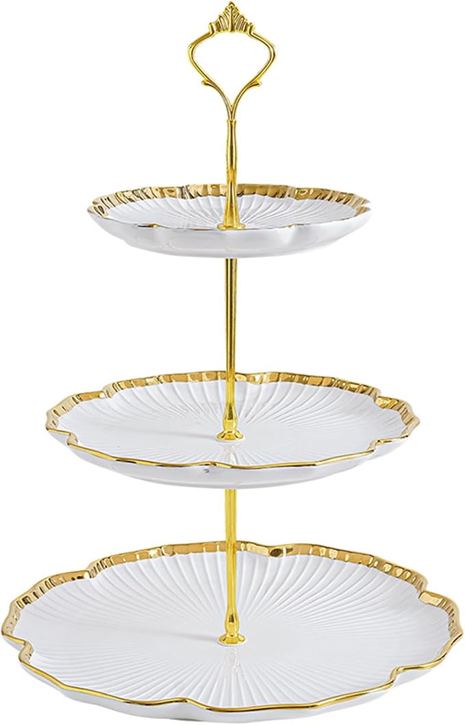 3 Tier Porcelain Serving Tray with Elegant Floral Gold Trim Embossed | Food Grade Tiered Cupcake Stand - Serving Stand for Parties Weddings Baby Showers