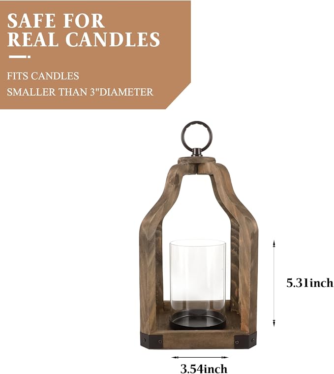 Rustic Wood Lantern Candle Holder for Farmhouse Decor | Indoor and Outdoor Table Centerpiece with Glass Hurricane, 13" High