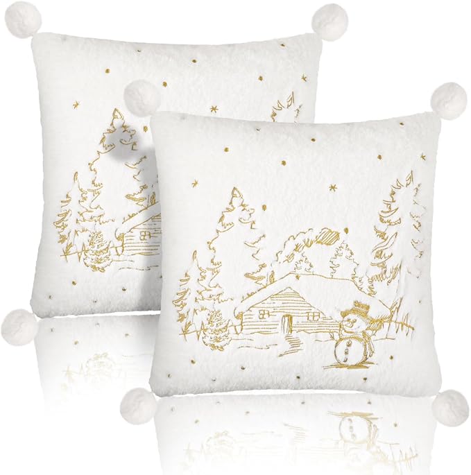 Lewondr Christmas Throw Pillow Cover, 18x18 Inch, Set of 2, White | Soft Faux Fur, Plush Ball, Embroidered Tree House Snowman, For Bed Home Decor Living Room