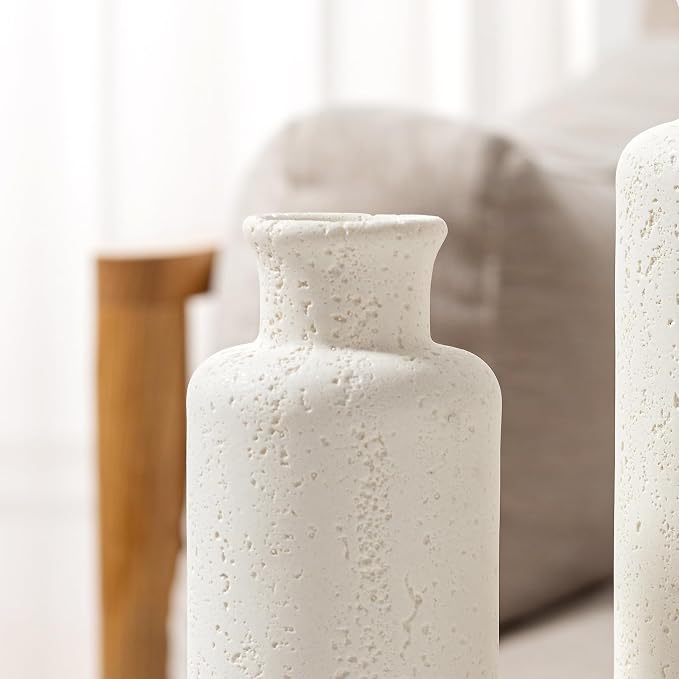 Flower Vase Set, Travertine Stone Look, 3 PCS Bud Vases, White | Small, Farmhouse, for Pampas Grass, Kitchen, Living Room, Bathroom, Bedroom, Office, Shelf Centerpiece Table Decoration