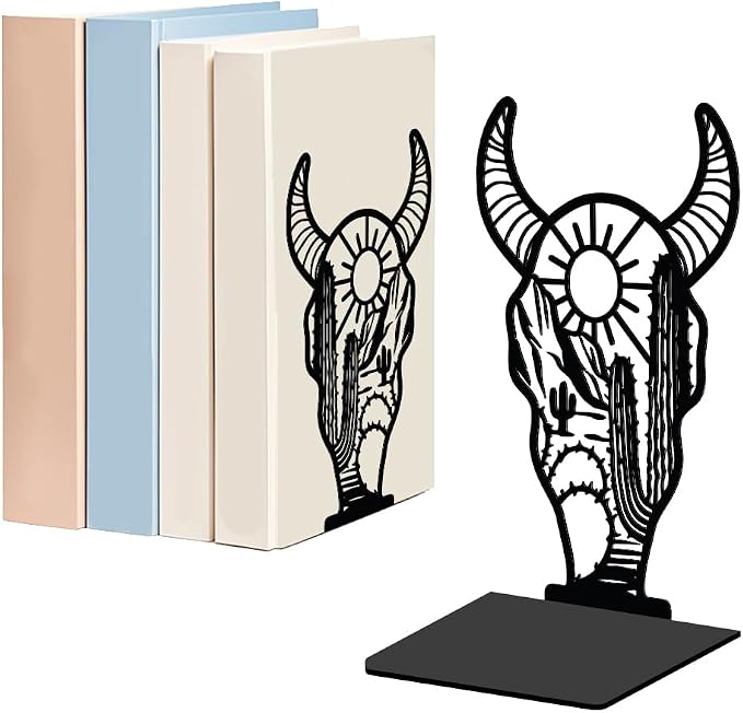 WADORN 1 Pair West Cow Skull Metal Decorative Bookend for Shelves, Heavy Duty Book Ends Modern Non-Skid Books Holder Stand Black Book Support Stoppers for Desk Bookshelf Office Home, 5.3x4.3x7.9 Inch
