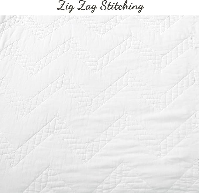 Cozy Line Home Fashions 100% Cotton Geometric Modern Zig Zag Stitch Solid White Quilt Bedding Set, Coverlet, Bedspread Lightweight for All Season (Chevron, King - 3 Piece)
