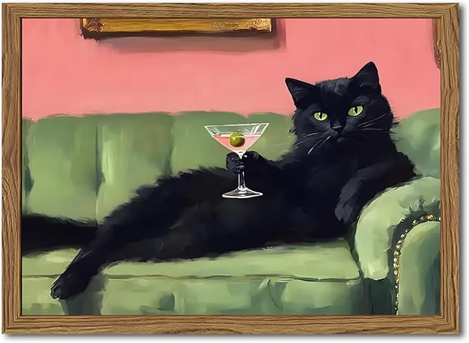Funny Black Cat Martini Wall Art, Bar Cart Decor, Eclectic Cocktail Painting Canvas Print, Cute Animal Artwork Picture for Bedroom Living Room Kitchen 16x24 inch Wood Framed