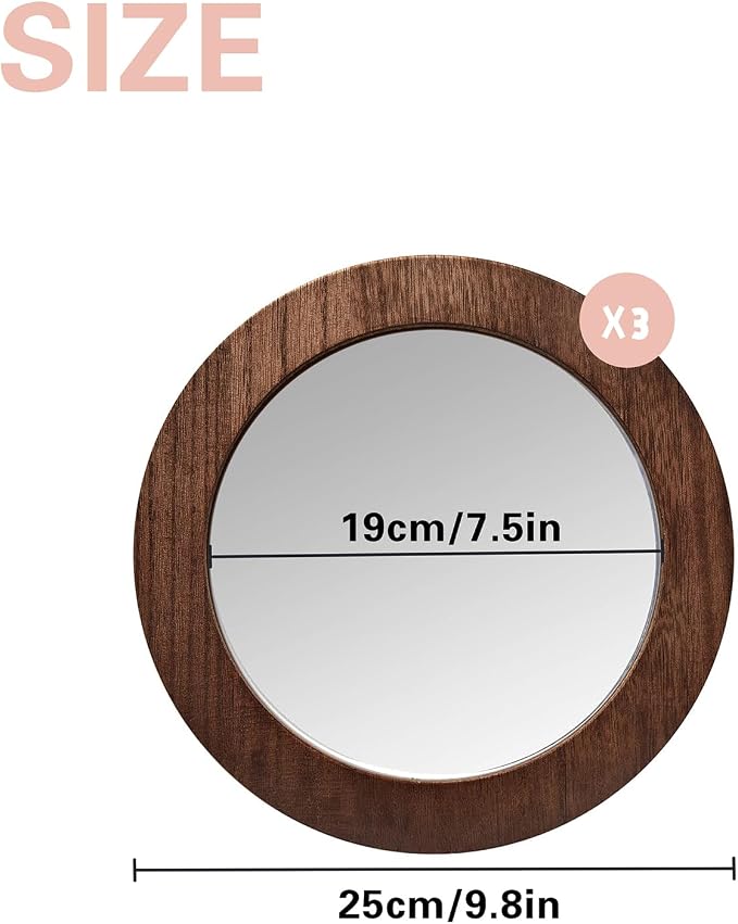 3 PCS Wood Wall Acrylic Mirrors Decor, 8'' Round Rustic Farmhouse Mirror | Natural Wood Shatterproof Acrylic Decorative Mirror for Living Room, Bathroom, Bedroom and Entryway (Not Real Glass)