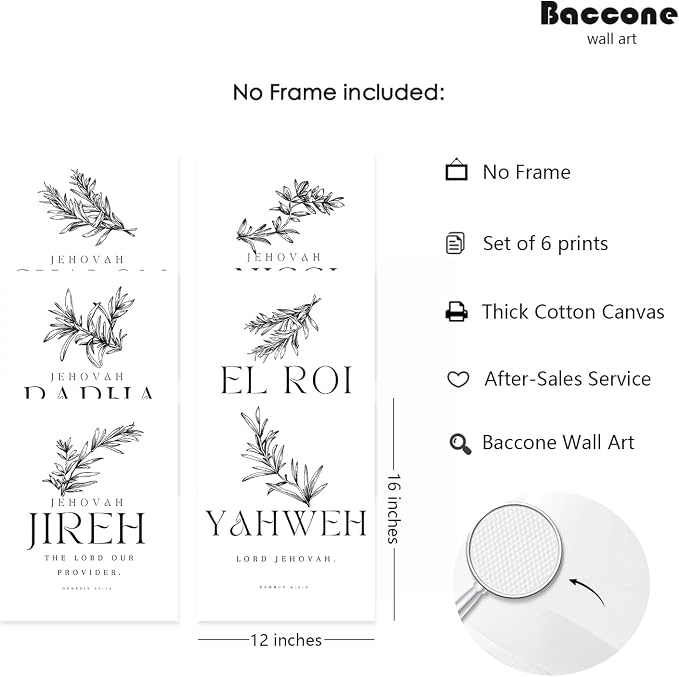 Christian Hebrew Names of God Wall Art Bible Verse Scripture Canvas Wall Decor Art Minimalist Jesus Pictures Modern Christian Poster Artwork Bible Verse Prints for Room 12x16 Inch Unframed Set of 6