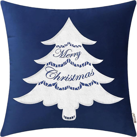 BRAWARM Christmas Pillow Cover 20 X 20 Inches, Navy Blue Christmas Tree Embroidered Pillow Cover, Soft Velvet Decorative Throw Pillow for Couch Bed Sofa Living Room Home