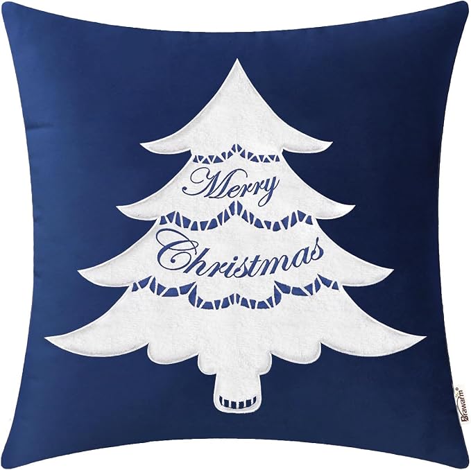 BRAWARM Christmas Pillow Cover 18 X 18 Inches, Navy Blue Christmas Tree Embroidered Pillow Cover, Soft Velvet Decorative Throw Pillow for Couch Bed Sofa Living Room Home
