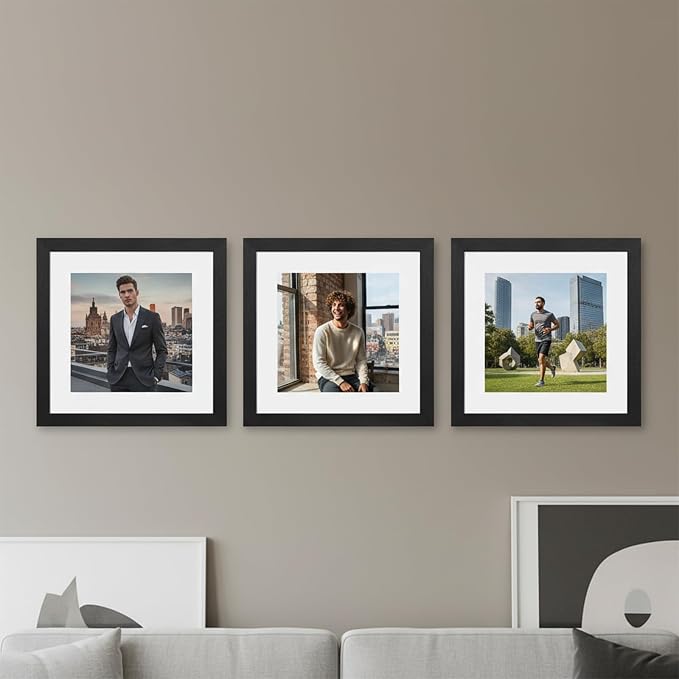 16x16 Picture Frame-Black, 12x12 Mat,Engineered Wood,Polished Plexiglass