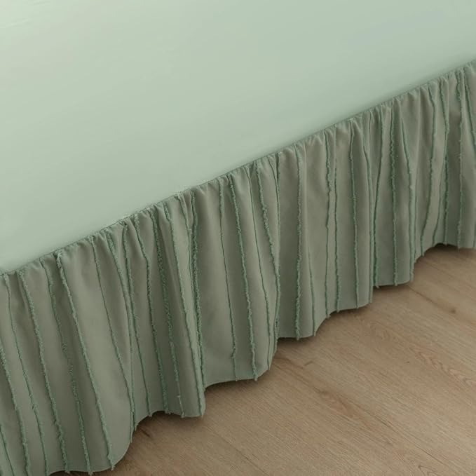 Bed Skirt King Size - Ruffled Bed Skirt - with Split Corners - Sage Green | Striped Boho Tufted -18 Inch Drop Bedskirt with Platform-Soft Premium Hotel Quality - Easy Fit
